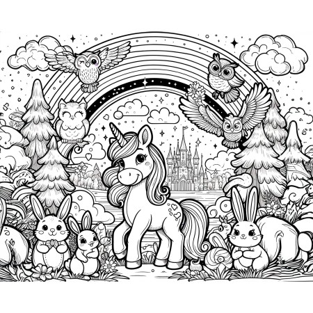 30x24in Poster featuring a unicorn and various animals, with a rainbow and clouds, set in a fantasy kingdom and designed for children to color