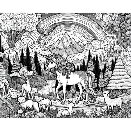 30x24in Poster unicorn and wild animals with a rainbow and clouds, set in a fantasy kingdom fo coloring