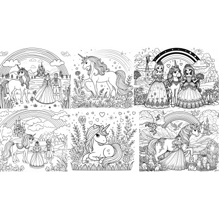 42x24in Poster Collage of six illustrations designed for children coloring, depicting scenes from a fantasy world