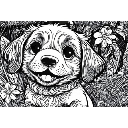 24x36in Poster Coloring page illustration featuring a playful puppy in a natural setting