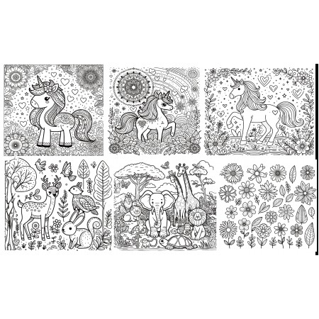 39x24in Poster Collage of six illustrations designed for children coloring, depicting scenes from a fantasy world