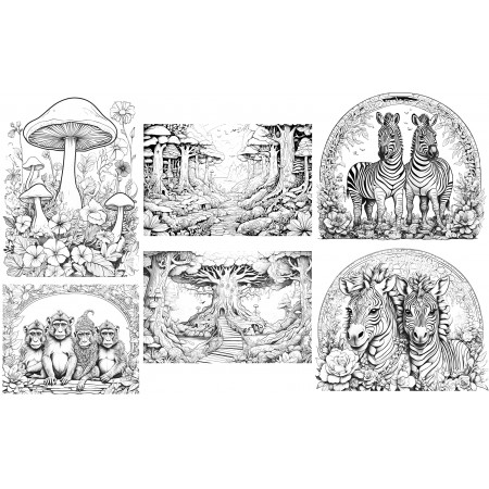 38x24in Poster Collage of six illustrations designed for children coloring, depicting scenes from a fantasy world. Zebras, Monkey, Mushrooms. Coloring tablecloth