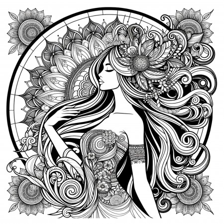 20"x20" Poster Mandala Style Young Woman Illustration for Adults Coloring encapsulated within a circular mandala frame with rich with floral motifs