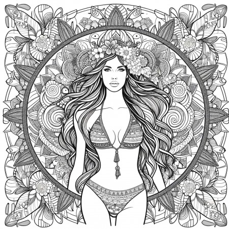 24x24in Poster Mandala style Giant Coloring Poster of bikini model surrounded by floral patterns