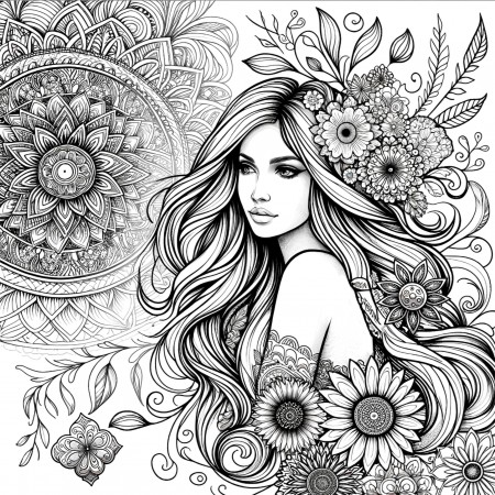 24x24in Poster Young woman with long hair surrounded by intricate abstract shapes and flowers coloring poster