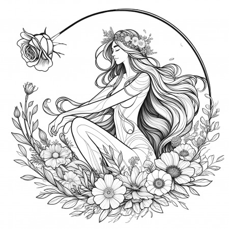 24x24in Poster Female figure with long flowing hair sitting in a relaxed posture within a circle of flowers coloring poster