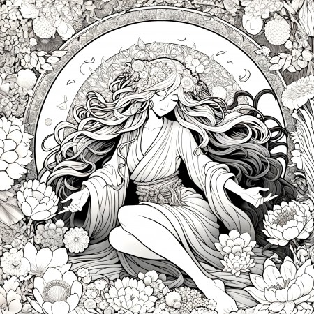 24x24in Poster Mandala Poster Featuring a Woman with Long, Flowing Hair Seated Calmly Among Flowers Coloring Poster