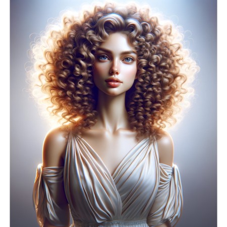 24x26in Poster Ethereal Muse. Woman with voluminous, wavy short blonde hair and soft makeup