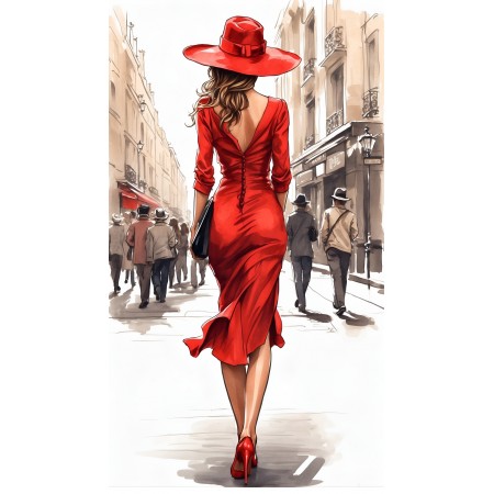 24x43in Poster A stunning haute chapeau rouge perched atop a glamarous woman's head as she strolls through streets of Paris