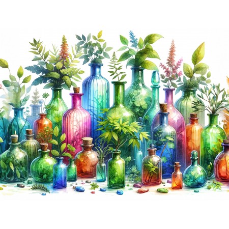 32x24in Poster Enchanted Botanicals multiple colorful glass bottles and plants