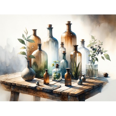 32x24in Poster Rustic wooden table adorned with five distinct bottles and plants