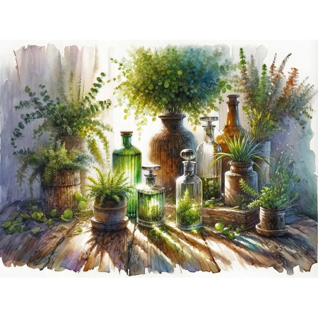 32x24in Poster Rustic wooden table with five distinct bottle and delicate plants