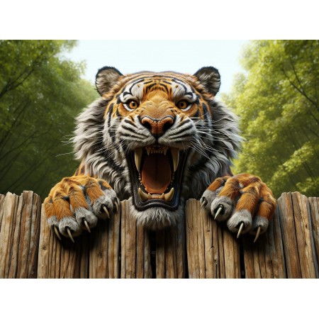 24"x32" Poster Majesty Unleashed The Tiger's Roar Bengal Tiger poised grandeur on a rugged wooden fence