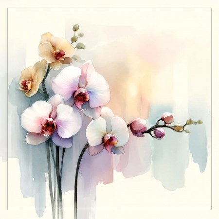 24x24in Poster Serenity in Bloom: Delicate Orchids. Contemporary watercolor masterpiece