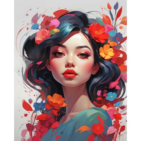 30"x24" Poster Explore the Enchanting Beauty of a Young Woman, surrounded by a lush garden of vibrant flowers, in this elegant and alluring art print