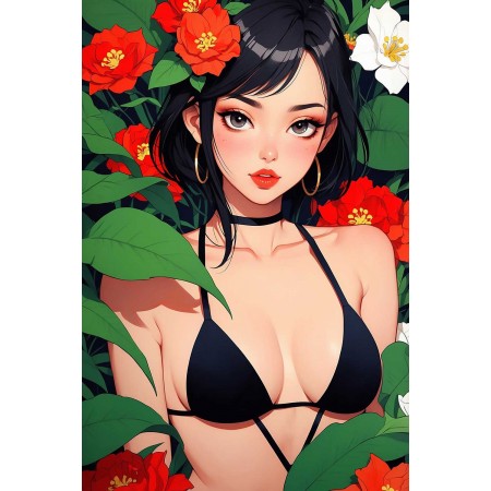 20"x30" Poster A seductive Asian goddess is surrounded by a sea of blooming flowers, her alluring eyes adding a touch of mystery