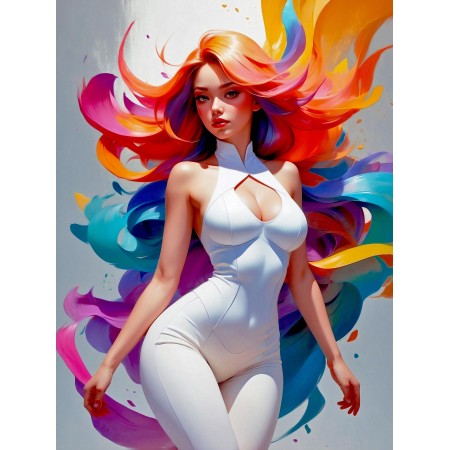 24x32in Poster Vibrant Elegance Dynamic Rainbow Hair Chesty GirlArt Print