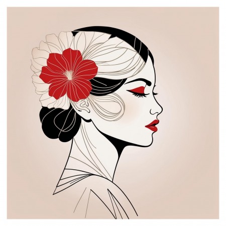 24x24in Poster Modern Abstract Women Face profile red lips Minimalist Line Boho Botanical Flower Aesthetic Contemporary