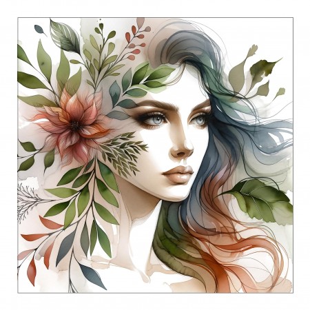 24x24in Poster Enchanting Botanical Beauty: Watercolor Portrait Art Poster Featuring a Graceful Woman Adorned with Floral and Leaf Motifs