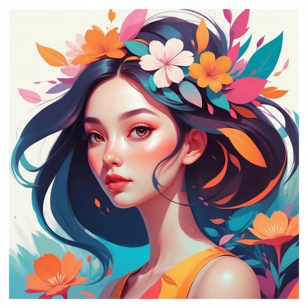 24x24in Poster Vibrant Floral Elegance: Modern Abstract Portrait Art Poster Featuring a Radiant Woman with Colorful Blossoms and Leaves