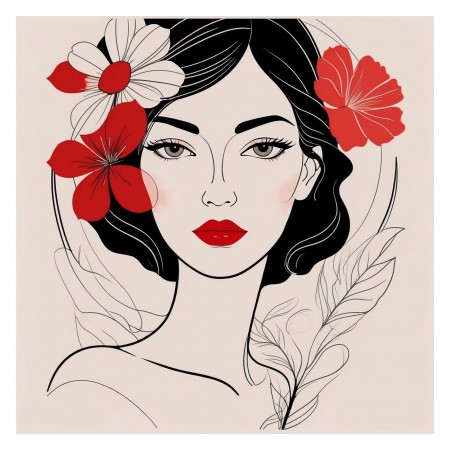 24x24in Poster Elegant Minimalist Portrait: Modern Line Art Poster Featuring a Graceful Woman with Red Floral Accents