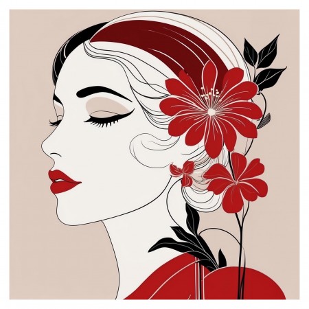 24x24in Poster Serene Elegance Minimalist Line Art Poster of a Woman in Profile with Striking Red Floral Adornments