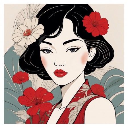 24x24in Poster Minimalist Line Boho Botanical Flower Aesthetic Asian Woman portrait