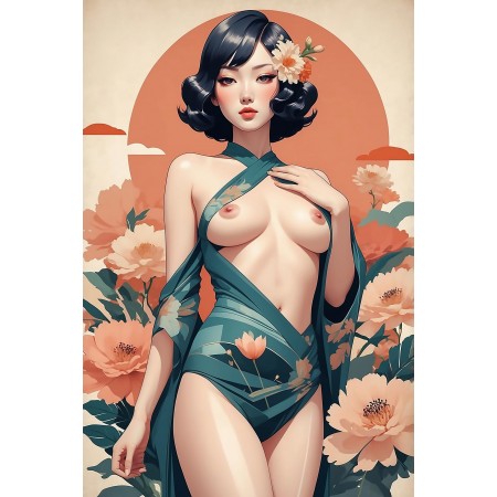 16x24in Poster Contemporary Art Print Voluptuous Japanese Girl with Floral Accents