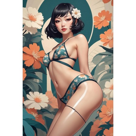 24x35in Poster Modern Abstract Art Print Voluptuous Japanese Model with Floral Accents and Contemporary Style