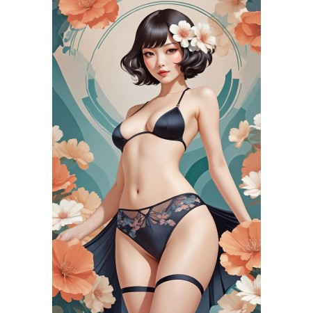 24x35in Poster Contemporary Abstract Art Print of a Voluptuous Japanese Model with Floral Accents