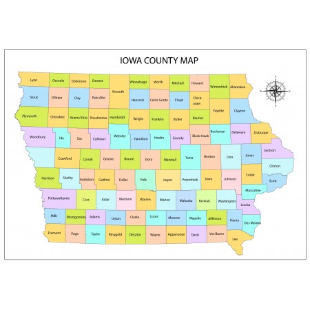 34x24in Poster Blank Iowa county map with county names