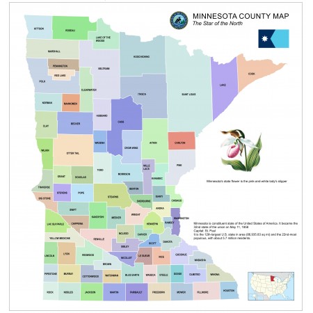 24x25in Poster County Map of Minnesota The Star of the North