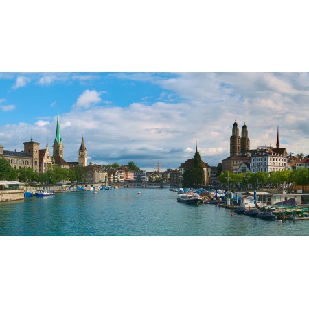 24x46in Poster View of Zurich from the Quaibrücke, The towers of Fraumünster, Grossmünster and St. Peter downstream the Limmat river