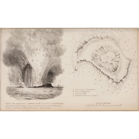 40x24in Poster Sketch of eruption of Graham Island 18th July 1831 and Chart of the Island