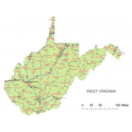 29x24in Poster West Virginia Map with interstates, Highways and State routes