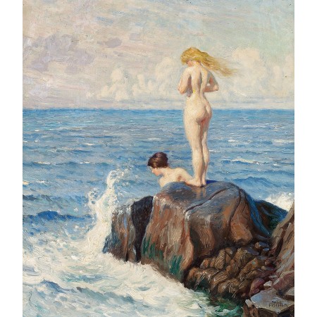 20x24in Poster Paul Fischer - Young women bathing from the cliffs