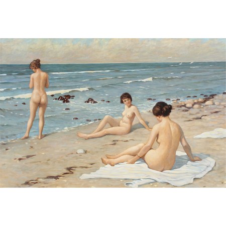 36x24in Poster Paul Fischer - Strandparti med badende kvinder. Beach scenery with bathing women