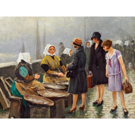 31x24in Poster Paul Fischer - Three young ladies buying fresh fish at Gammel Strand, Copenhagen.