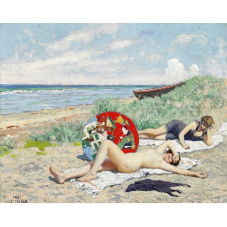 30x24in Poster Paul Fischer - Two young women and a Japanese parasol on Hornbæk beach