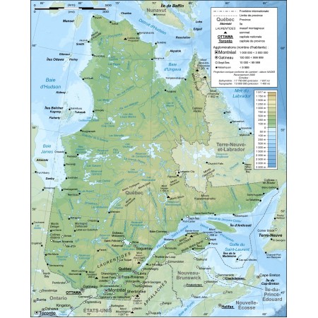 24x29in Poster Topographic map in French of Quebec, Canada, with 2000' census cities