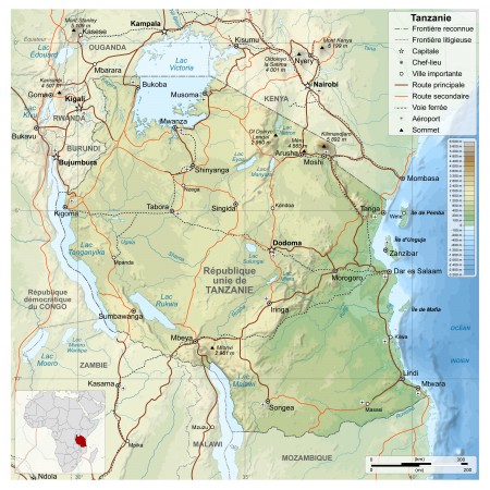 24x24in Poster Map of Tanzania in French.