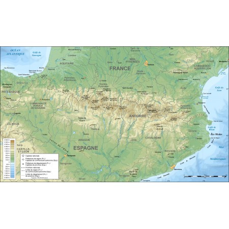 40x24in Poster Topographic map in French of the Pyrenees mountains.