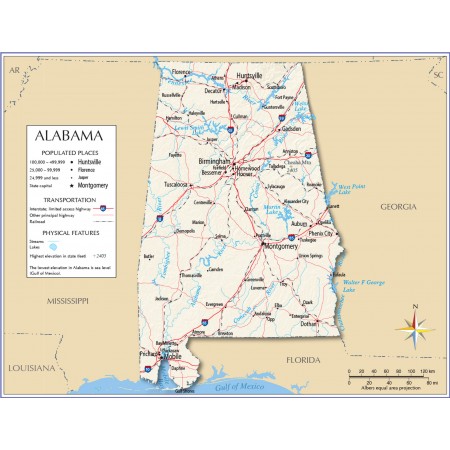 24x18in Poster The detailed map of Alabama with boundaries, state capital Montgomery, major cities