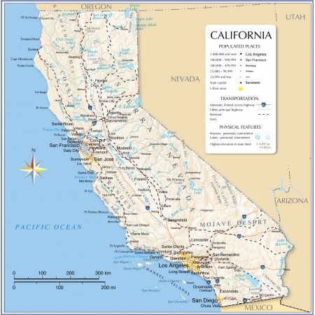24x24in Poster California detailed map of with boundaries, state capital Sacramento, major cities