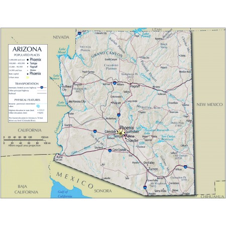 31x24in Poster Arizona detailed map of with boundaries, state capital Phoenix, major cities