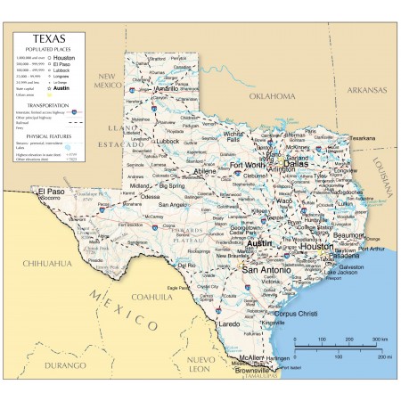 26x24in Poster Texas detailed map of with boundaries, state capital Austin, major cities