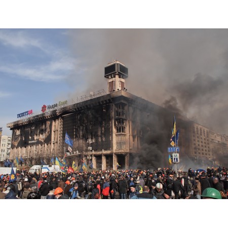 32x24in Poster Euromaidan in Kiev, 19 February 2014. Labor Unions' House on fire