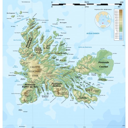 24x24in Poster Topographic map-fr of the Kerguelen Islands, Indian Ocean, France.