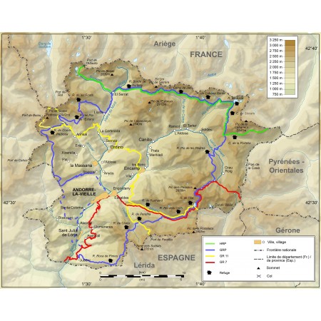 29x24in Poster Map of hiking trails and mountain huts in Andorra-fr