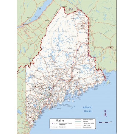 24x32in Poster Large detailed map of Maine with cities and towns
